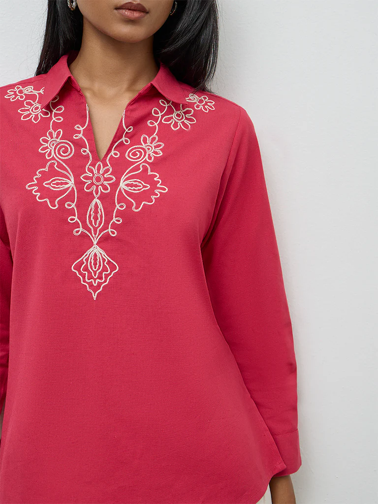 Utsa Fuchsia Embroidered Cotton-Blend Tunic - Image 3