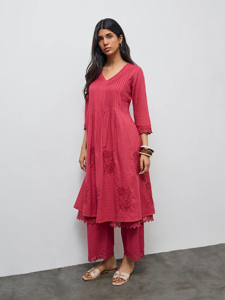 Utsa Fuchsia Floral Embroidered Cotton-Blend A-Line Kurta