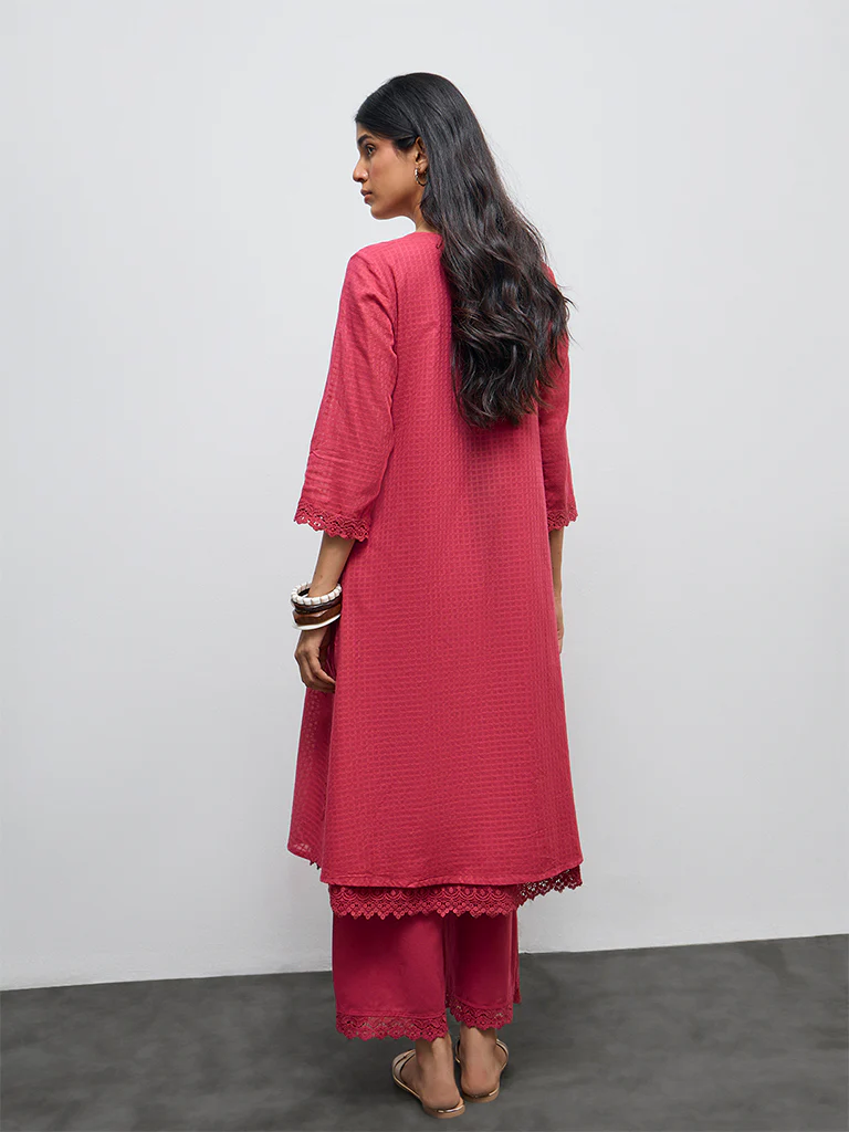 Utsa Fuchsia Floral Embroidered Cotton-Blend A-Line Kurta - Image 4