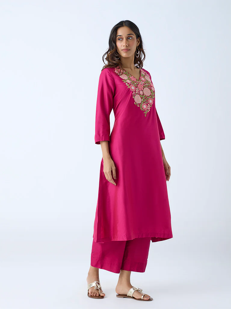 Utsa Fuchsia Floral Embroidered Straight Kurta - Image 2