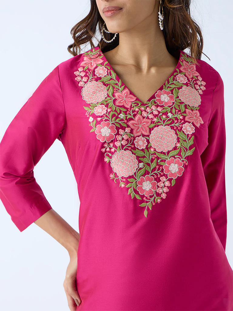 Utsa Fuchsia Floral Embroidered Straight Kurta - Image 3