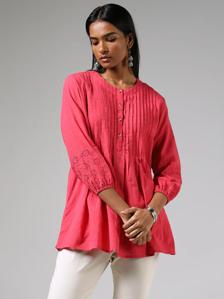 Utsa Fuchsia Pintuck Schiffli Cotton Kurti - Image 3