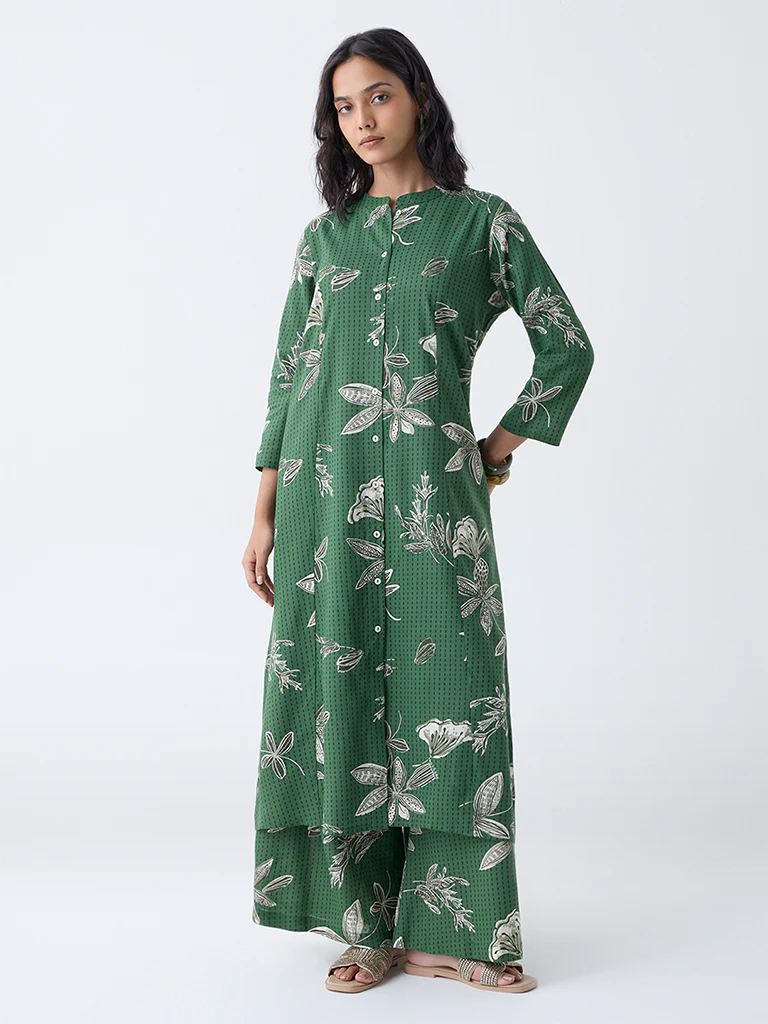 Utsa Green Botanical Printed Cotton-Blend A-Line Kurta - Image 2