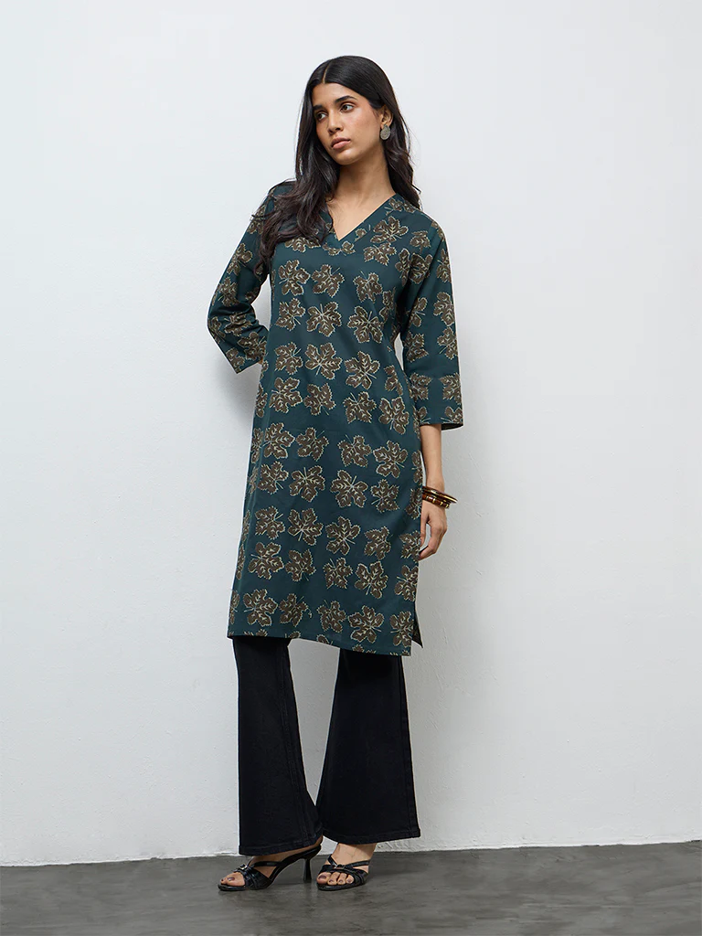 Utsa Green Botanical Printed Cotton Straight Kurta - Image 2