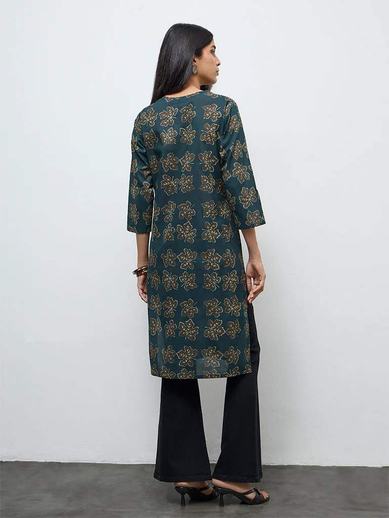 Utsa Green Botanical Printed Cotton Straight Kurta - Image 4