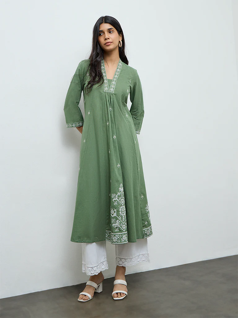 Utsa Green Embroidered Anarkali Cotton Kurta - Image 2
