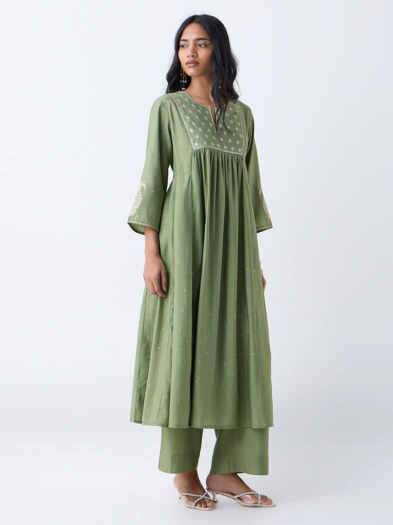 Utsa Green Embroidered Anarkali Kurta - Image 2