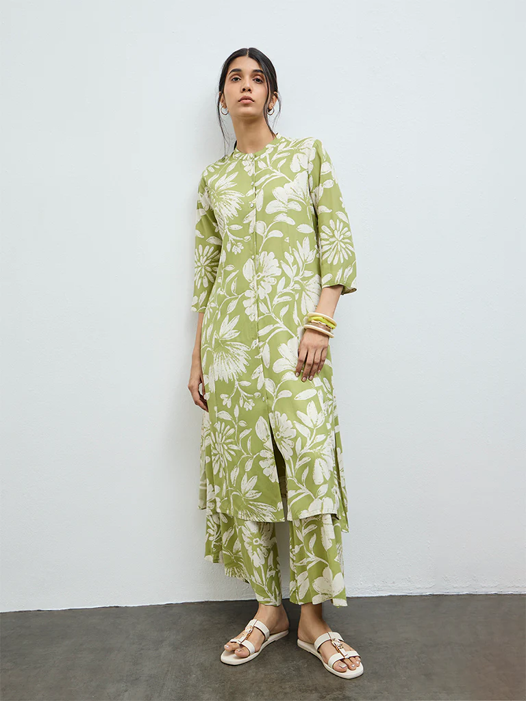 Utsa Green Floral A-Line Kurta