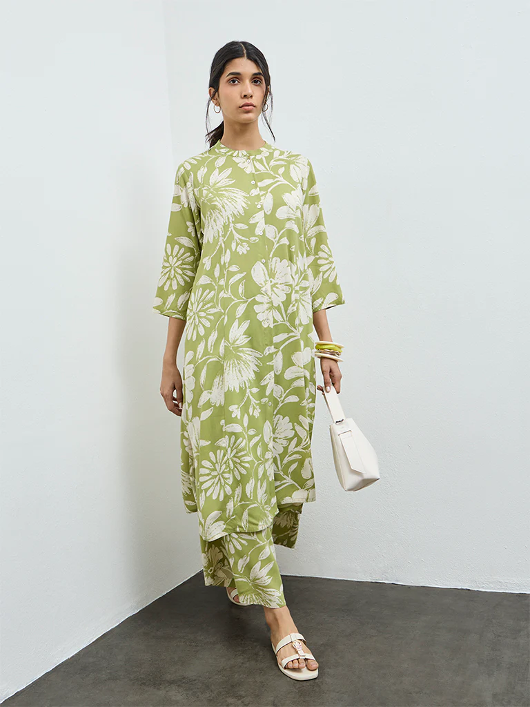 Utsa Green Floral A-Line Kurta - Image 2