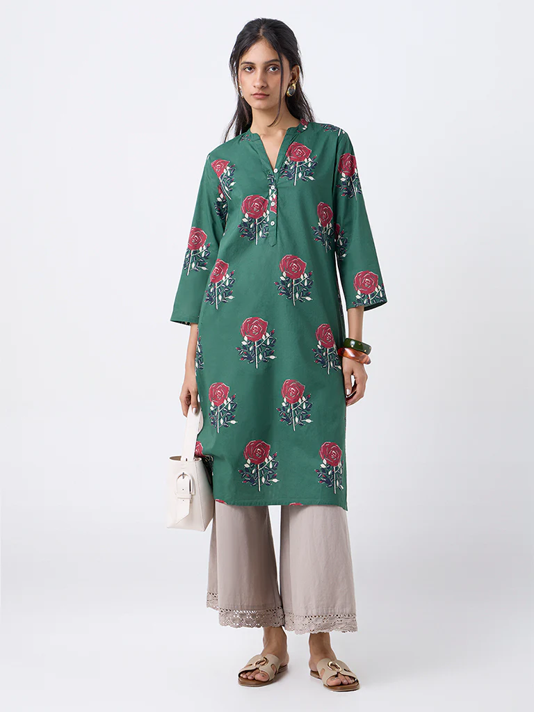 Utsa Green Floral Butta Print Cotton Straight Kurta - Image 3