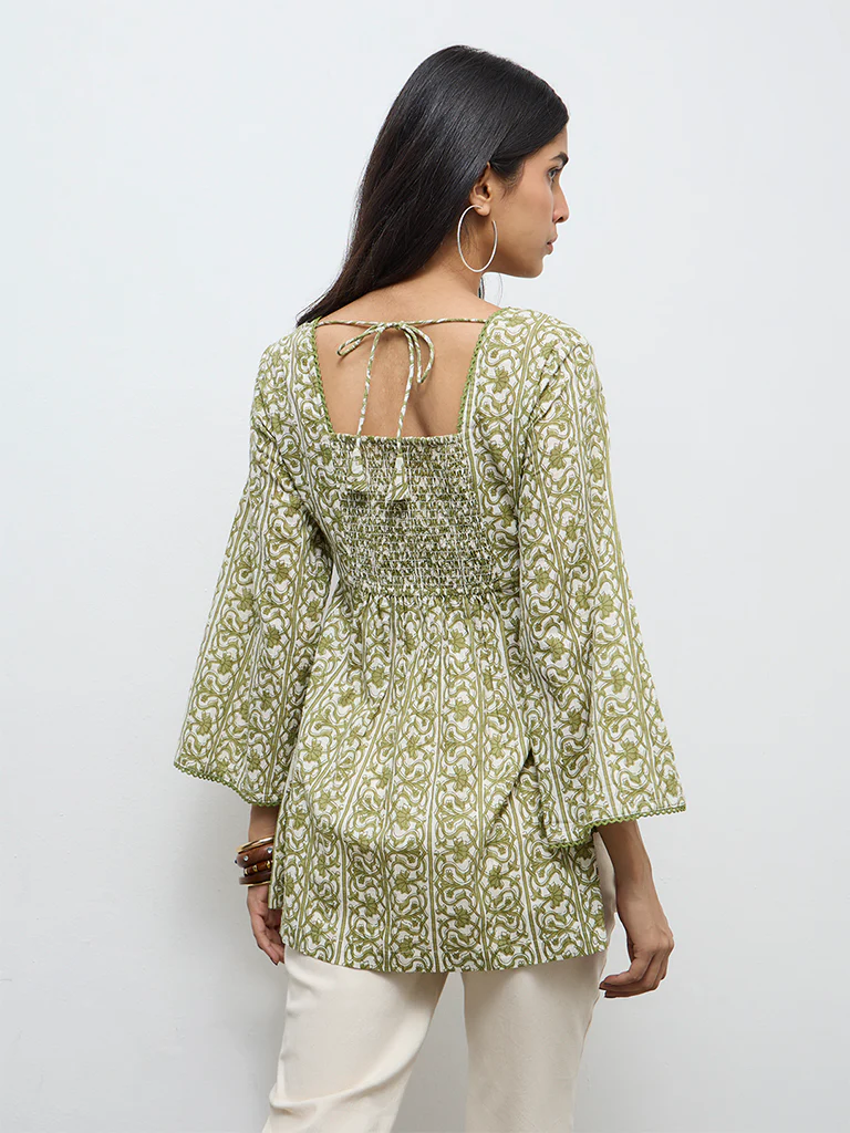 Utsa Green Floral Cotton A-Line Kurta - Image 4