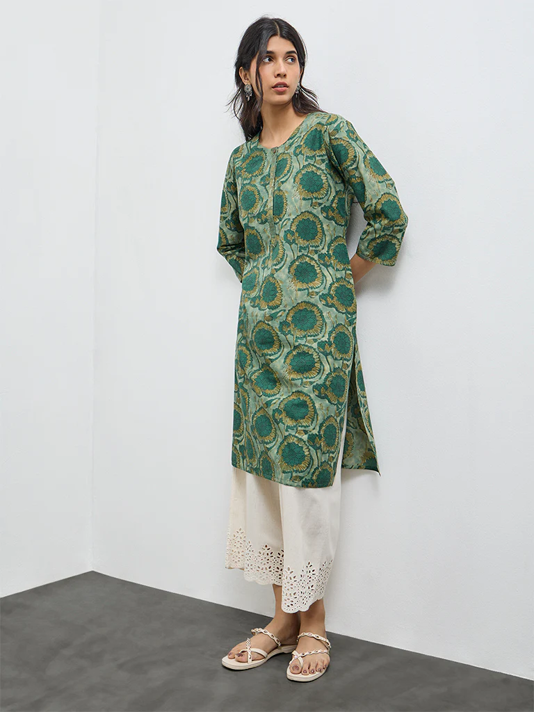 Utsa Green Floral Cotton Straight Kurta