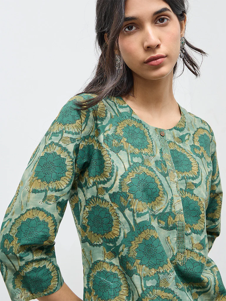 Utsa Green Floral Cotton Straight Kurta - Image 3