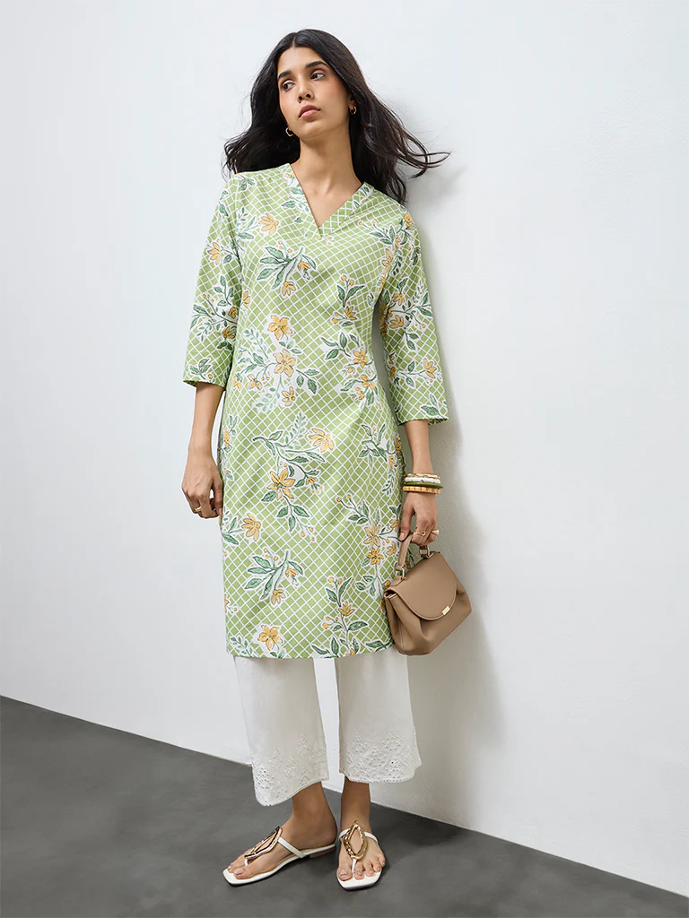 Utsa Green Floral Cotton Straight Kurta - Image 2