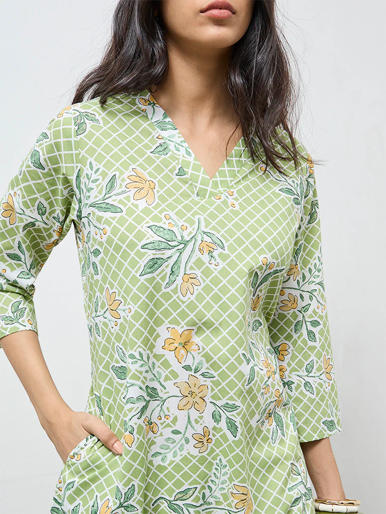 Utsa Green Floral Cotton Straight Kurta - Image 3