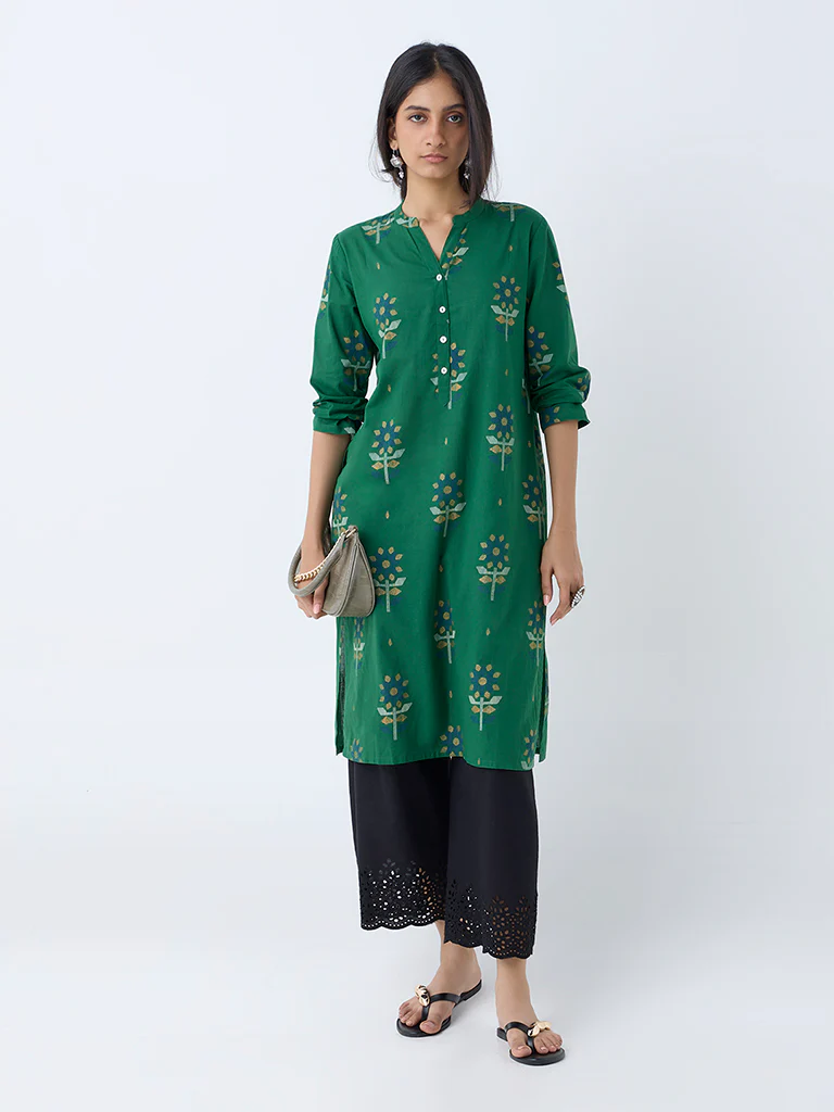 Utsa Green Floral Design Straight Cotton Kurta - Image 2