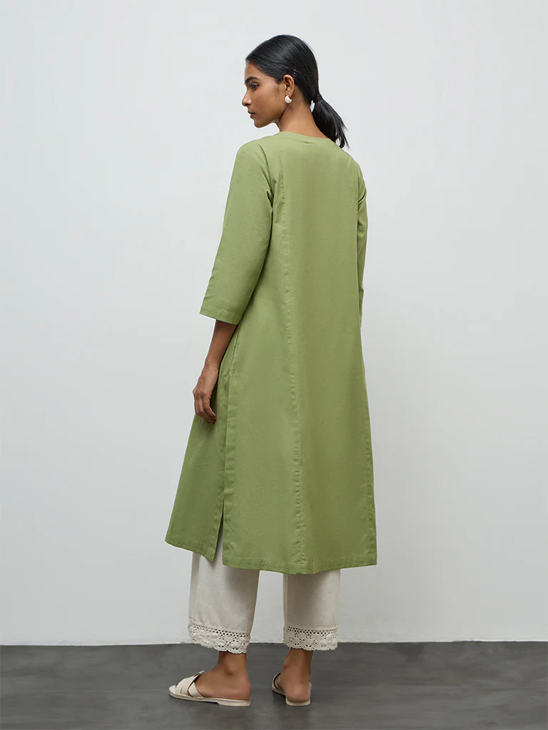 Utsa Green Floral Embroidered Cotton-Blend A-Line Kurta - Image 4