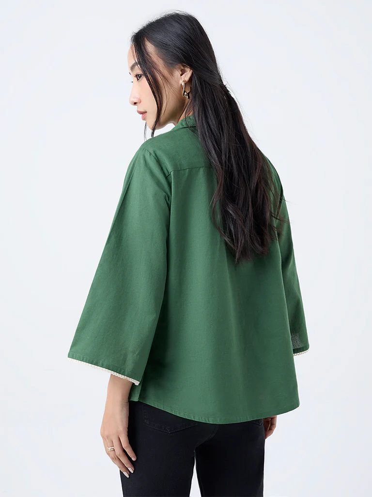 Utsa Green Floral Embroidered Cotton-Blend Tunic - Image 4
