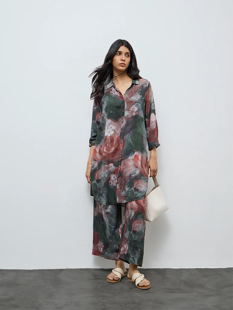 Utsa Green Floral Pattern A-Line Kurta