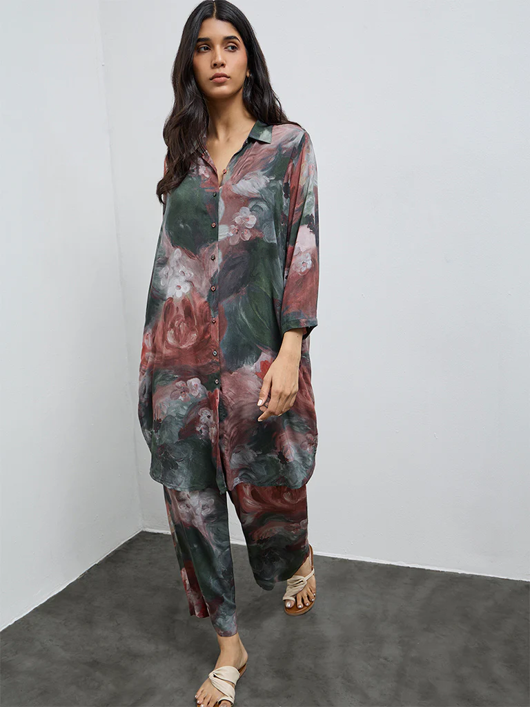 Utsa Green Floral Pattern A-Line Kurta - Image 2