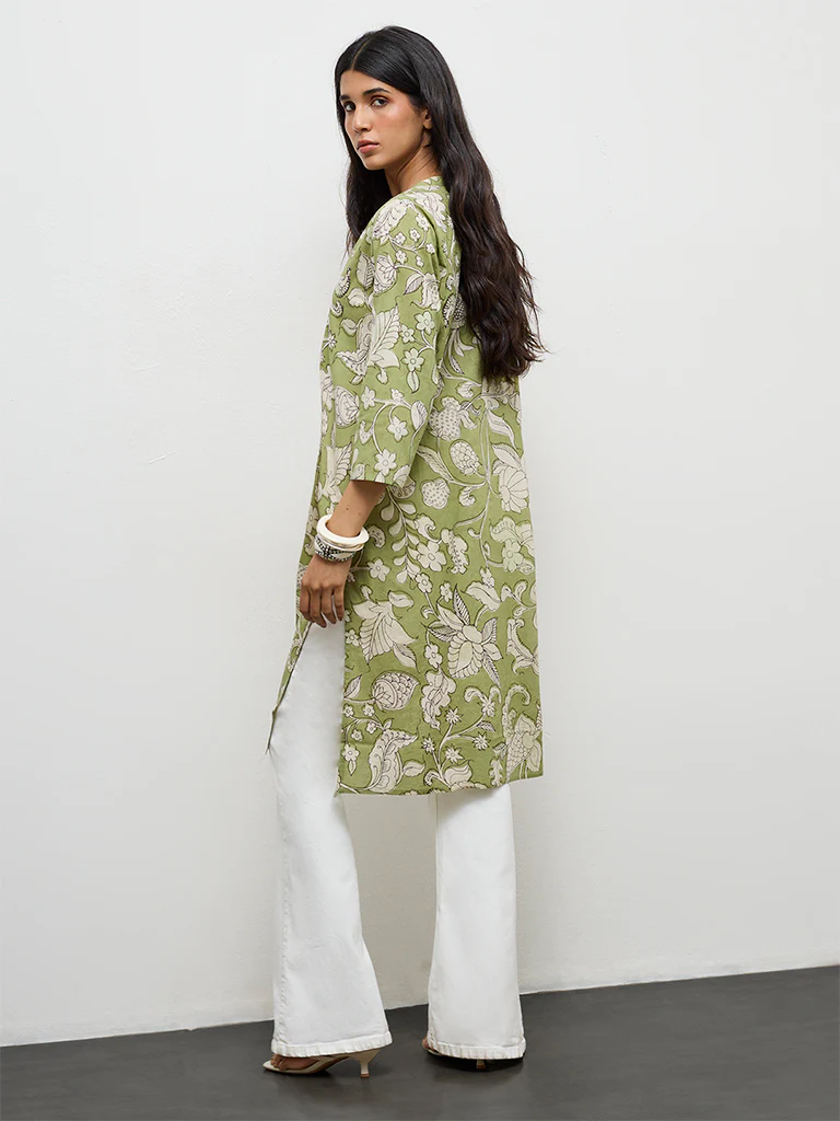 Utsa Green Floral Pattern Cotton Straight Kurta - Image 4