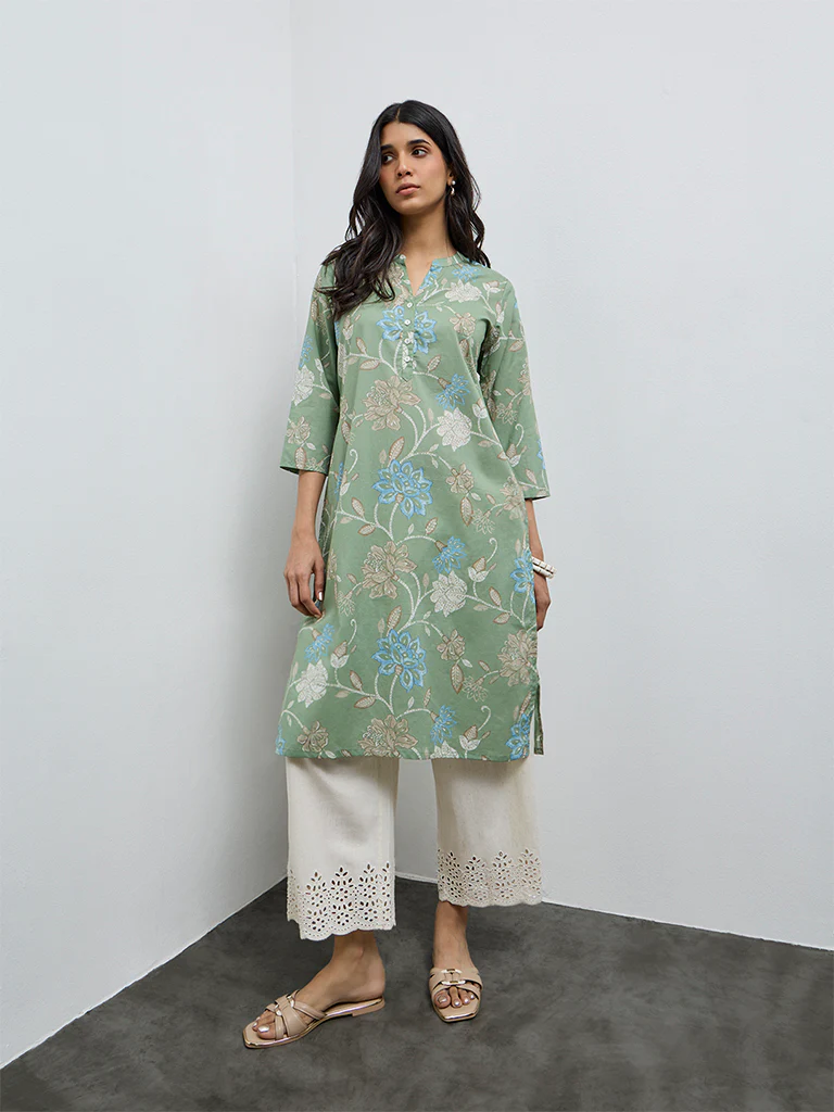 Utsa Green Floral Printed Cotton Straight Kurta - Image 2