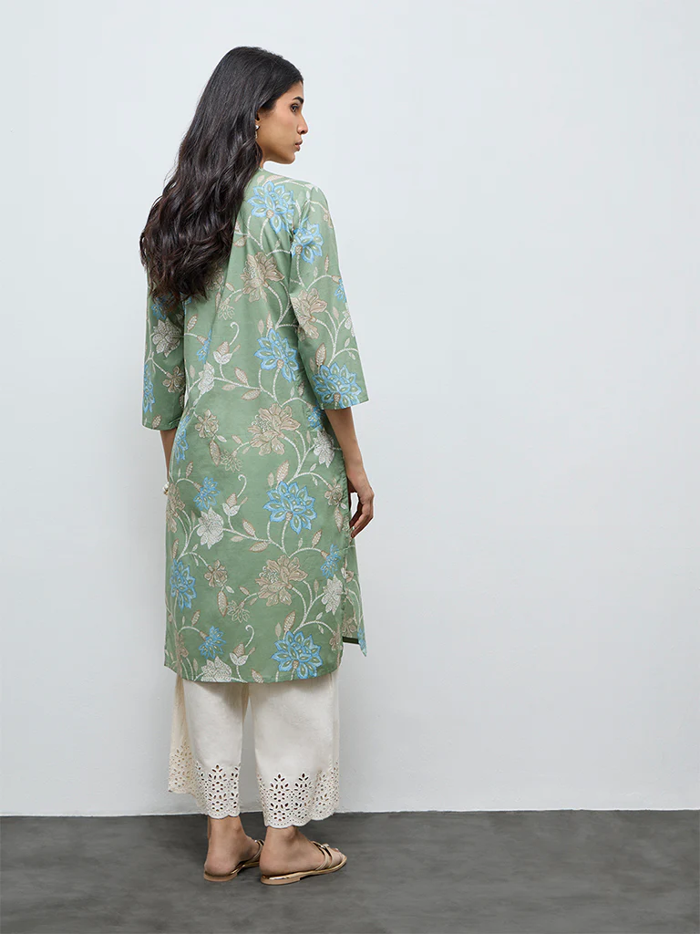 Utsa Green Floral Printed Cotton Straight Kurta - Image 4