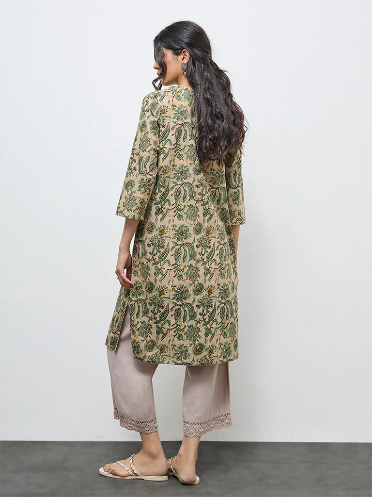 Utsa Green Floral Printed Cotton Straight Kurta - Image 4