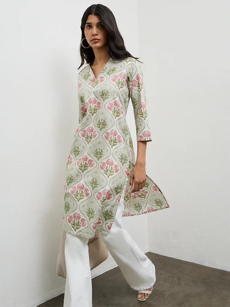 Utsa Green Floral Printed Cotton Straight Kurta - Image 2