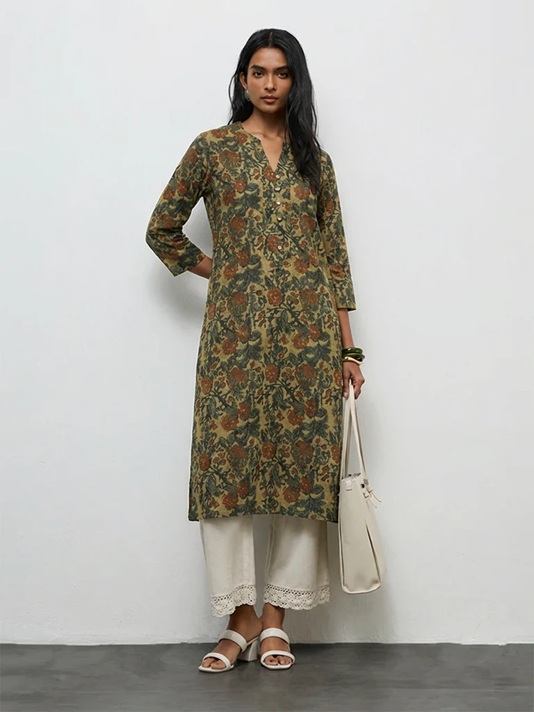 Utsa Green Floral Printed Cotton Straight Kurta