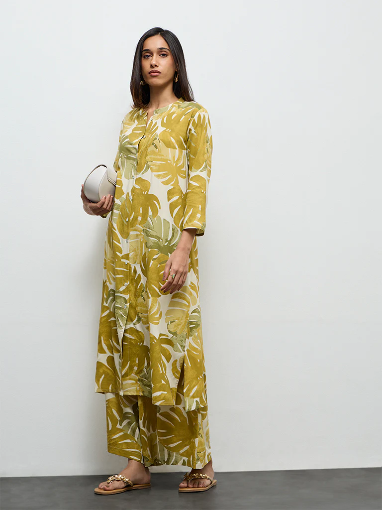Utsa Green Foliage Printed A-Line Kurta - Image 2