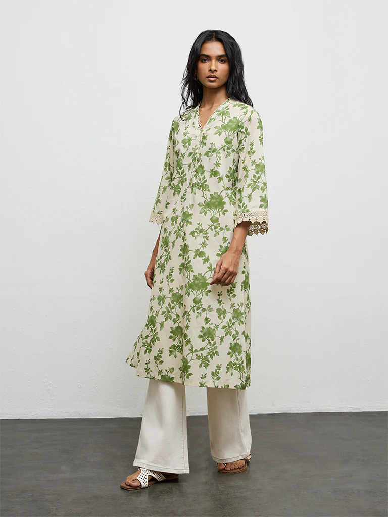 Utsa Green Foliage Printed Cotton A-Line Kurta