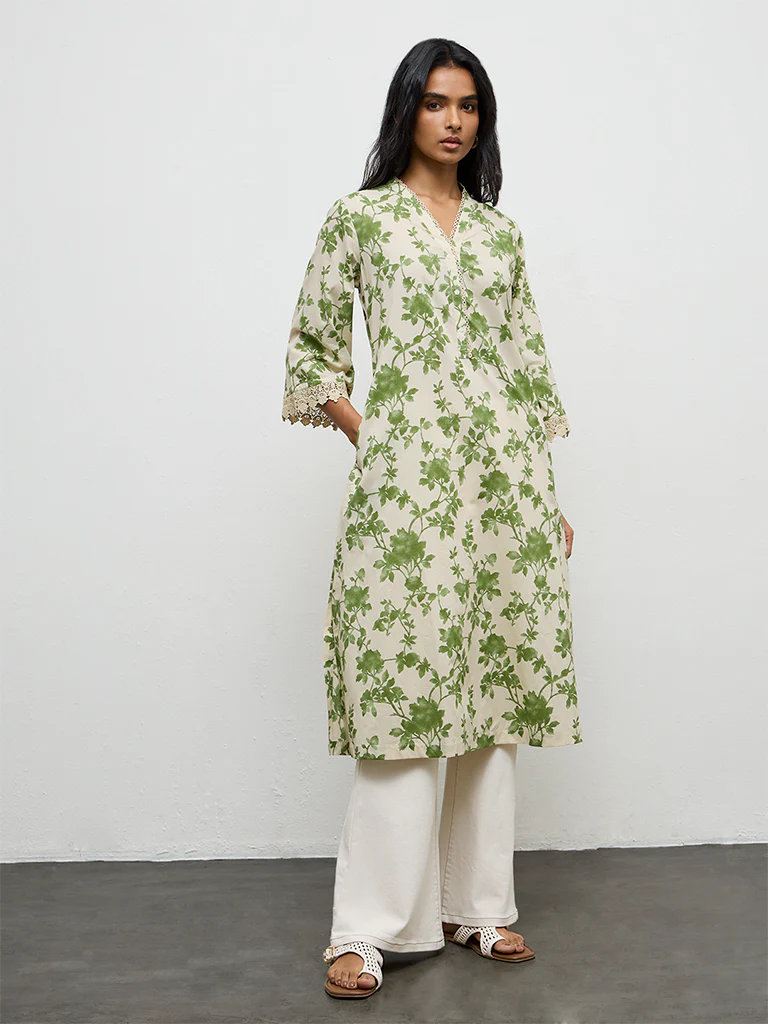 Utsa Green Foliage Printed Cotton A-Line Kurta - Image 2