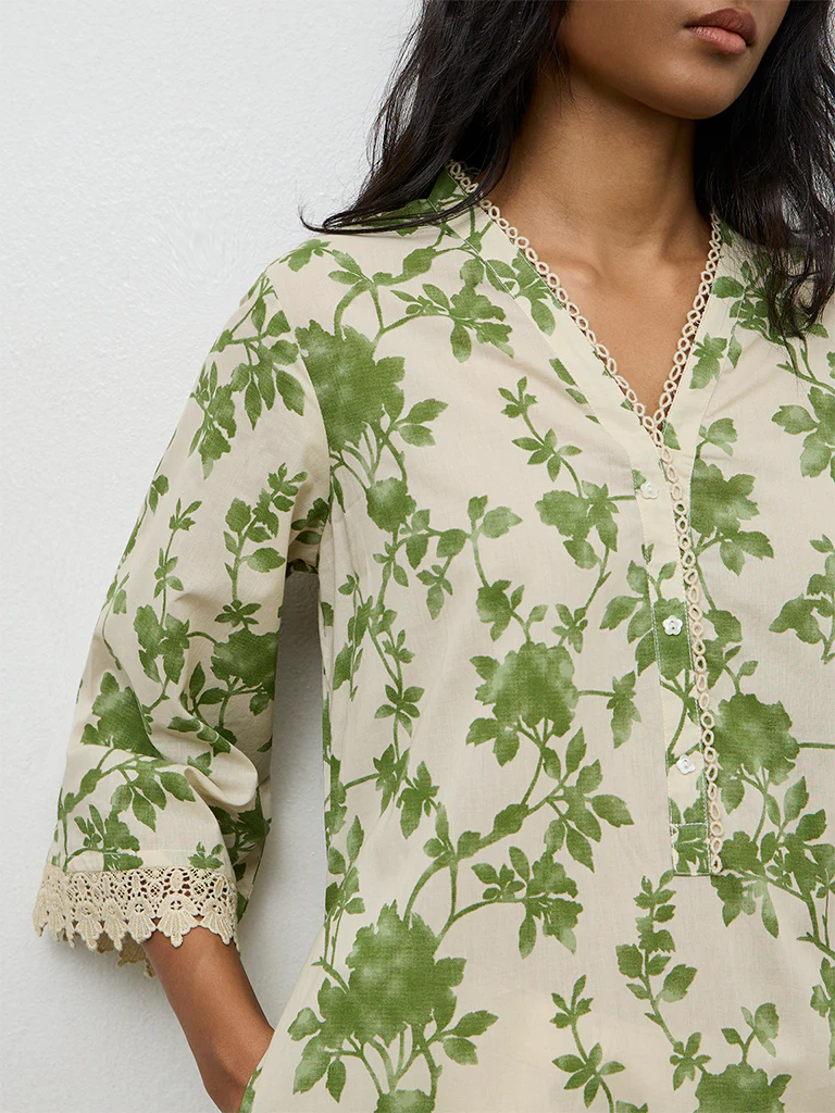 Utsa Green Foliage Printed Cotton A-Line Kurta - Image 3