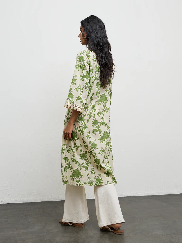 Utsa Green Foliage Printed Cotton A-Line Kurta - Image 4