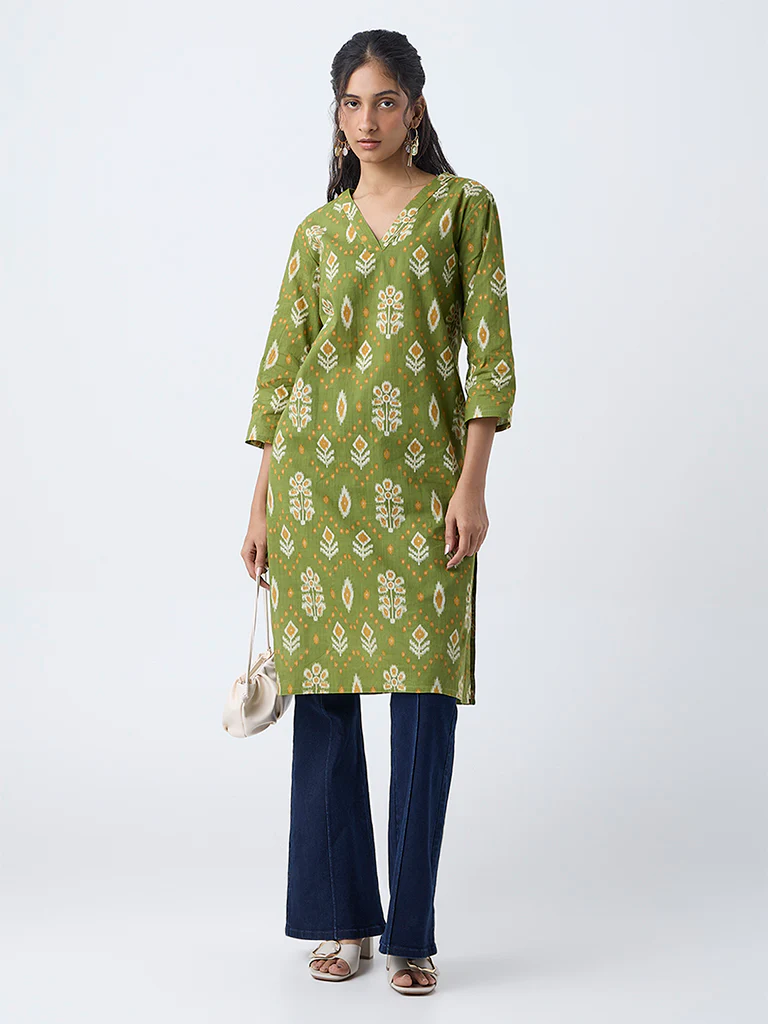 Utsa Green Ikat Pattern Straight Cotton Kurta - Image 2