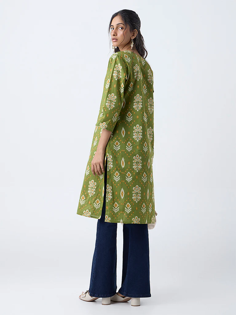 Utsa Green Ikat Pattern Straight Cotton Kurta - Image 4