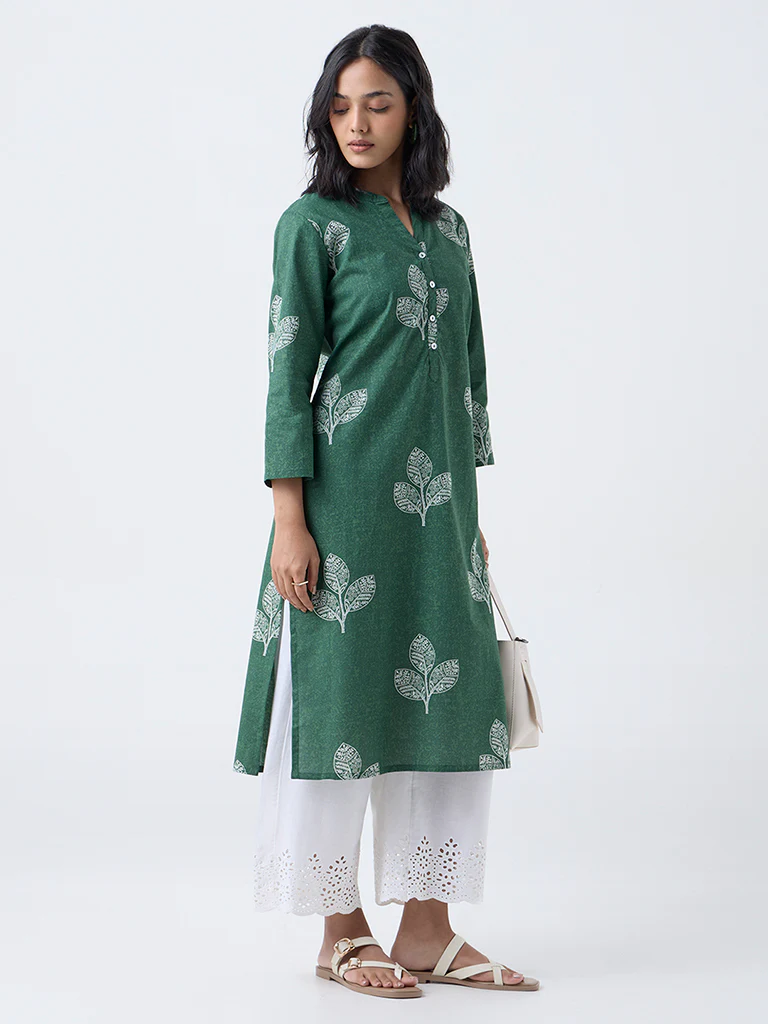 Utsa Green Leaf Design Straight Cotton Kurta