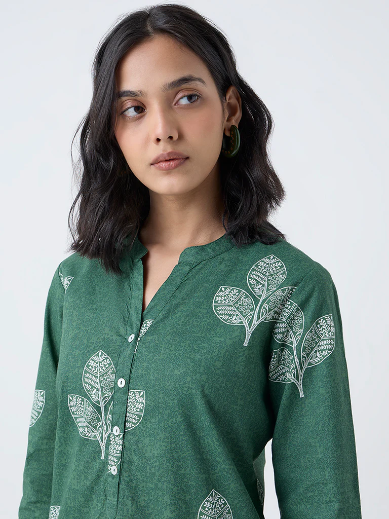 Utsa Green Leaf Design Straight Cotton Kurta - Image 3