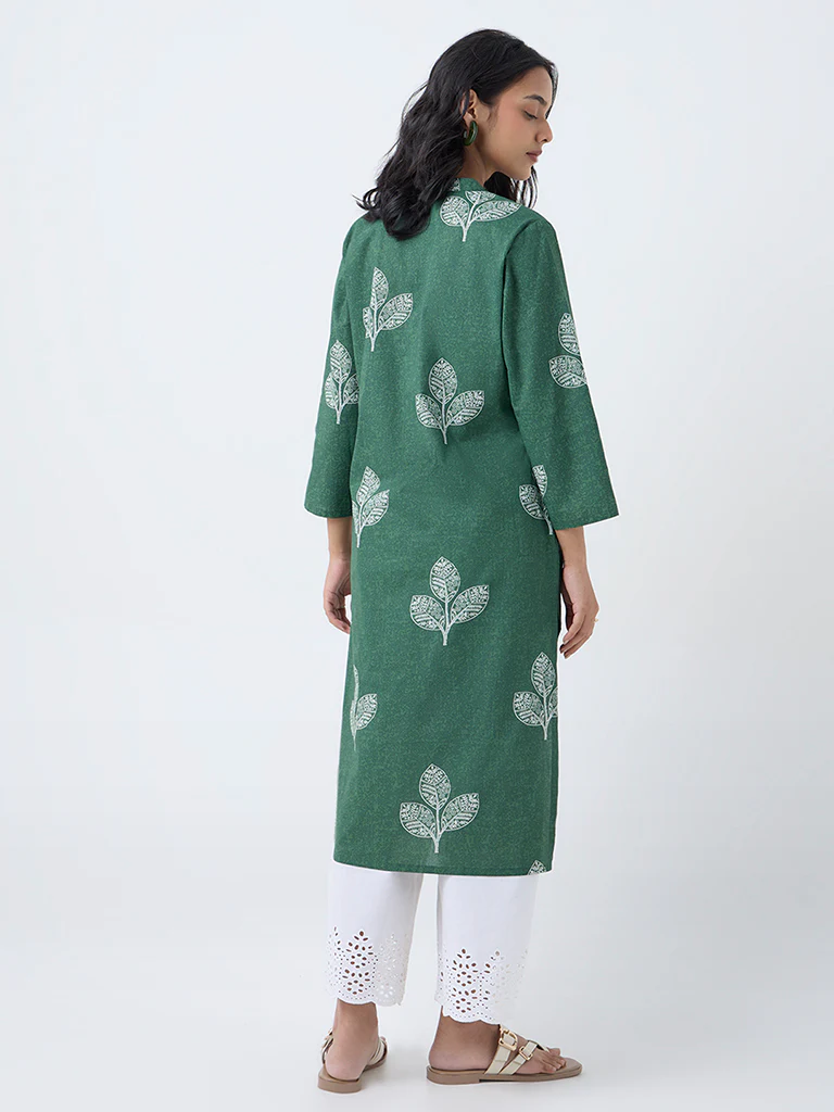 Utsa Green Leaf Design Straight Cotton Kurta - Image 4