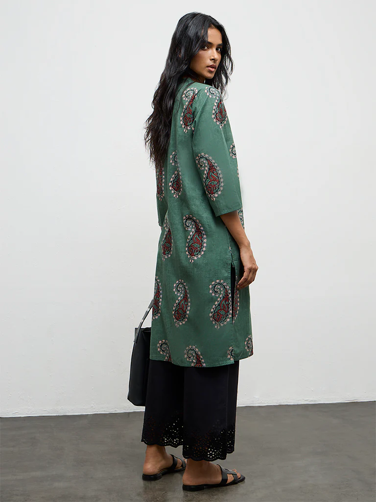 Utsa Green Paisley Printed Cotton Straight Kurta - Image 4