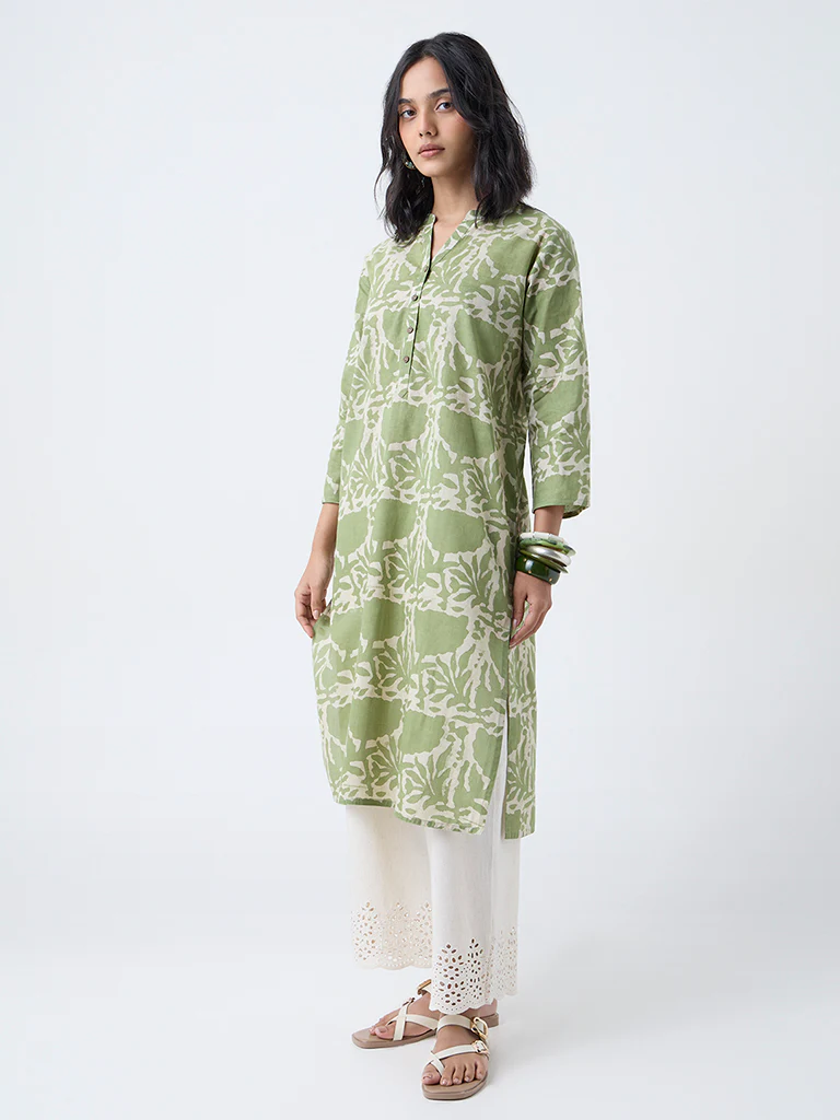 Utsa Green Printed Cotton Straight Kurta