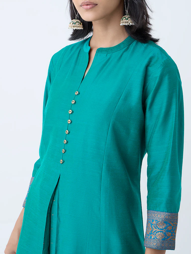 Utsa Green Solid A-Line Kurta - Image 3