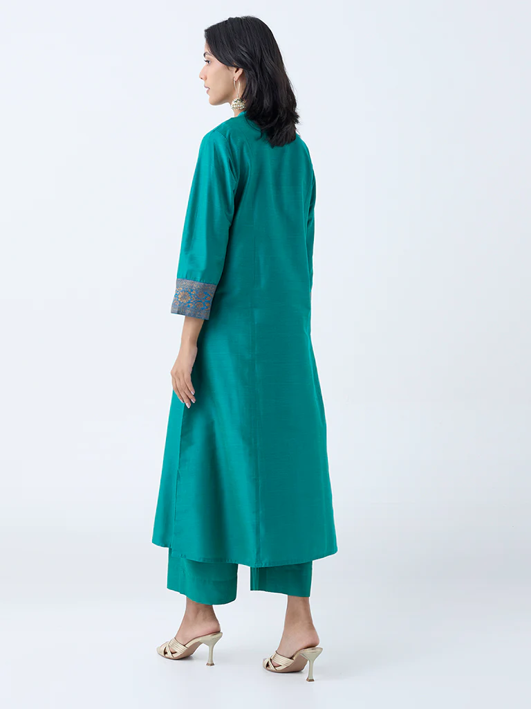 Utsa Green Solid A-Line Kurta - Image 4
