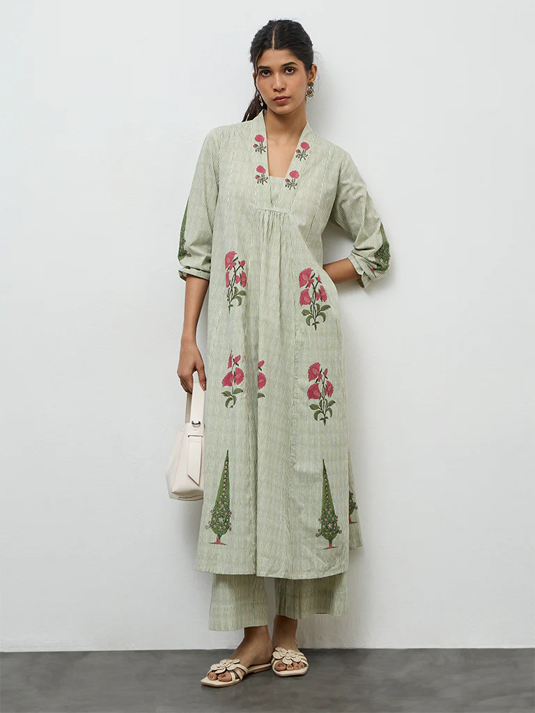 Utsa Green Striped Cotton A-Line Kurta - Image 2