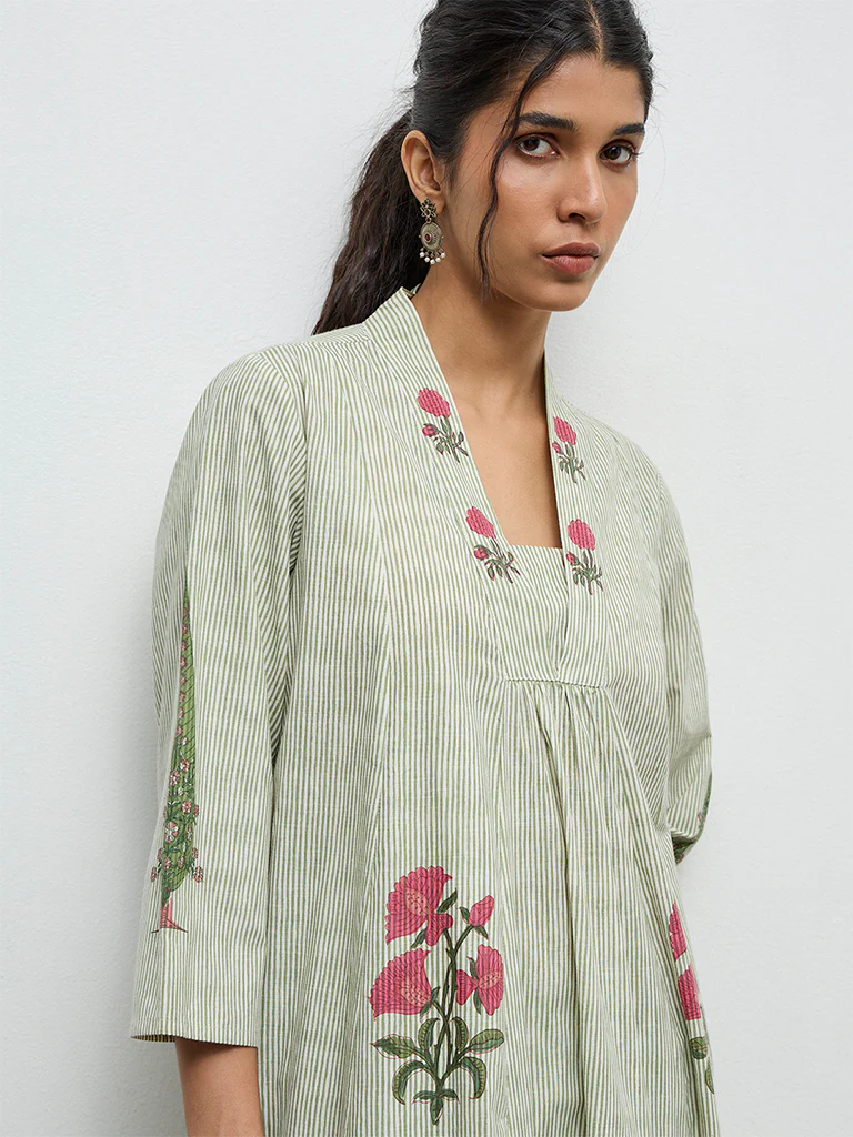 Utsa Green Striped Cotton A-Line Kurta - Image 3