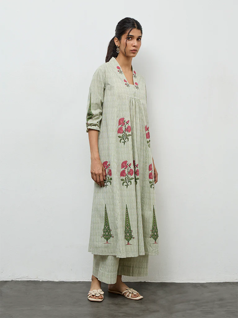 Utsa Green Striped Cotton Pants - Image 2