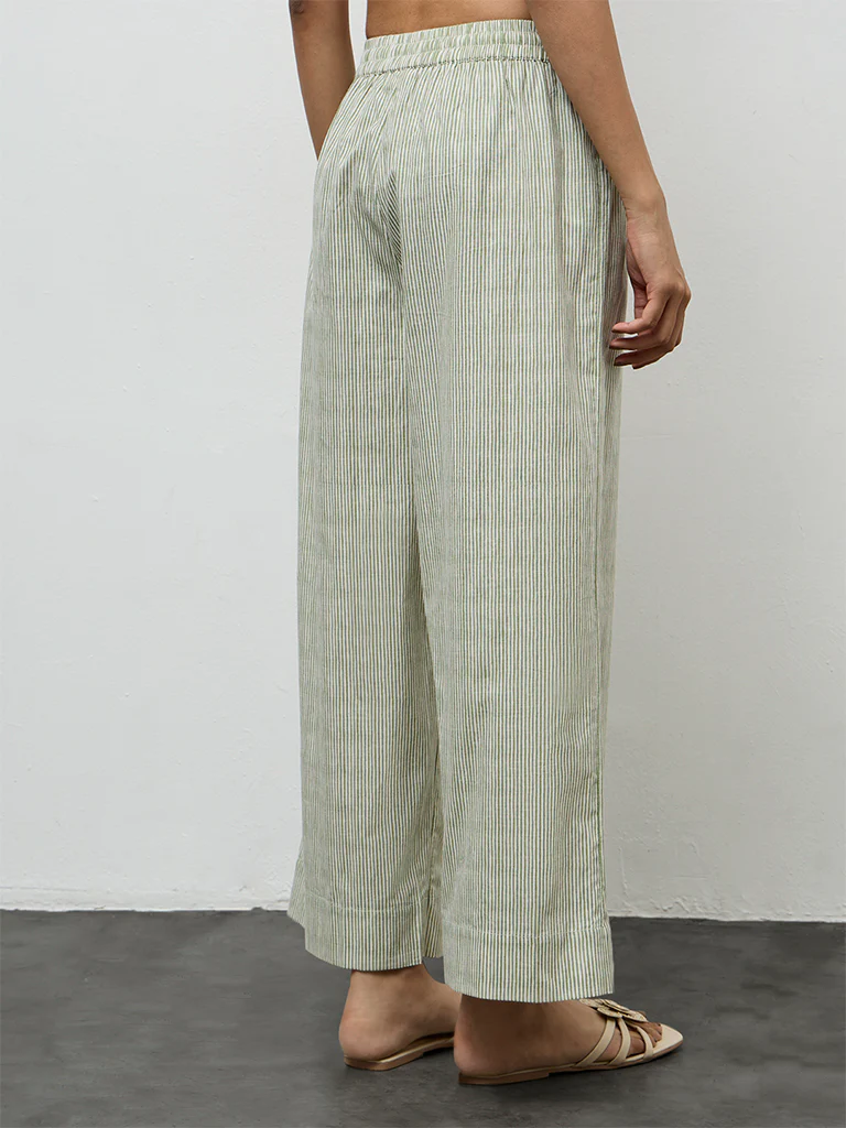 Utsa Green Striped Cotton Pants - Image 4