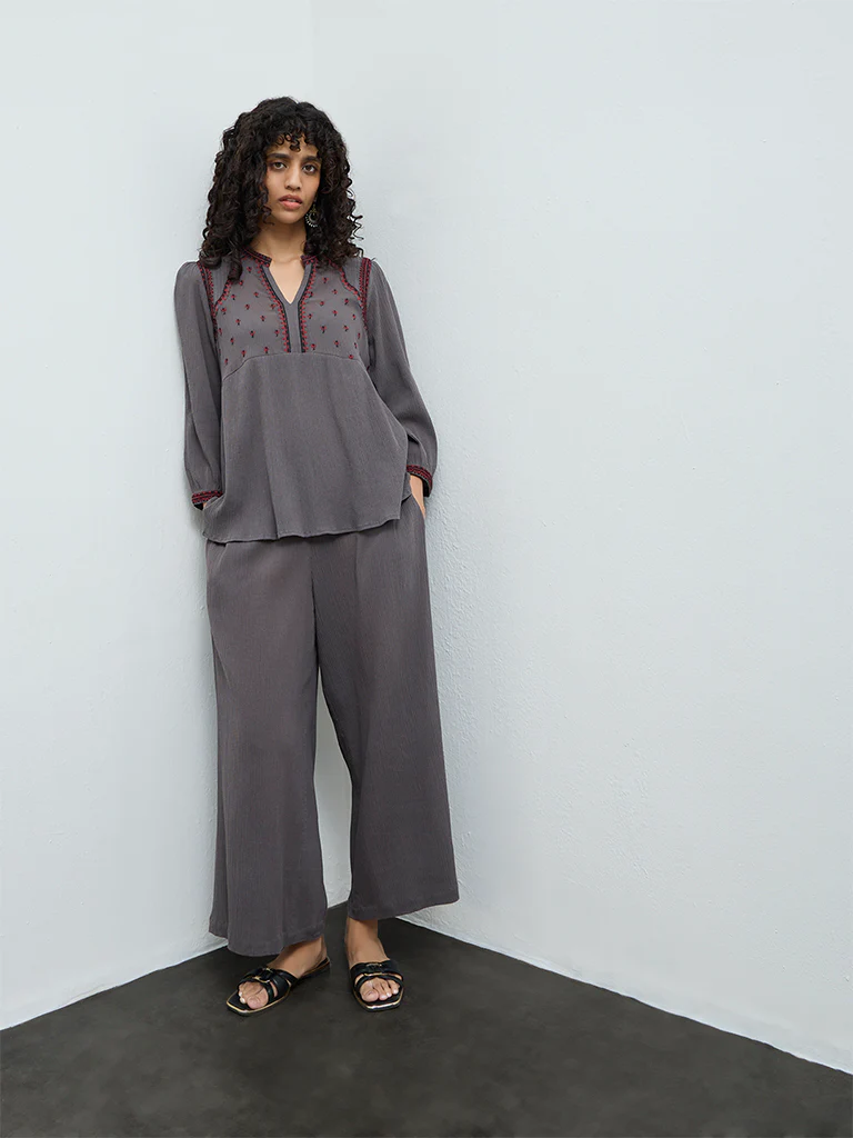 Utsa Grey Crinkle Textured Cotton Pants - Image 2