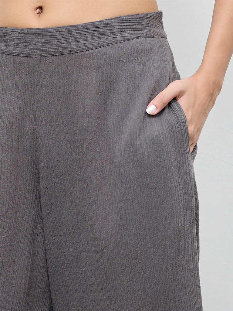 Utsa Grey Crinkle Textured Cotton Pants - Image 3
